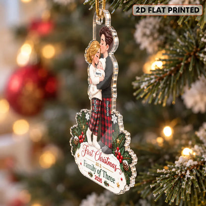 Personalized Acrylic Ornament, Hugging Parents and Baby at Christmas, Unique Gift for New Parents