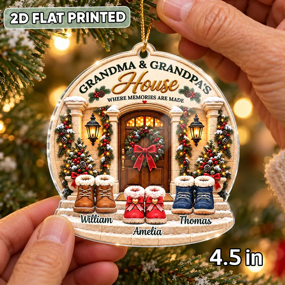 Personalized Acrylic Ornament, Snowy Grandparents' House with Kids' Boots, Unique Christmas Gift