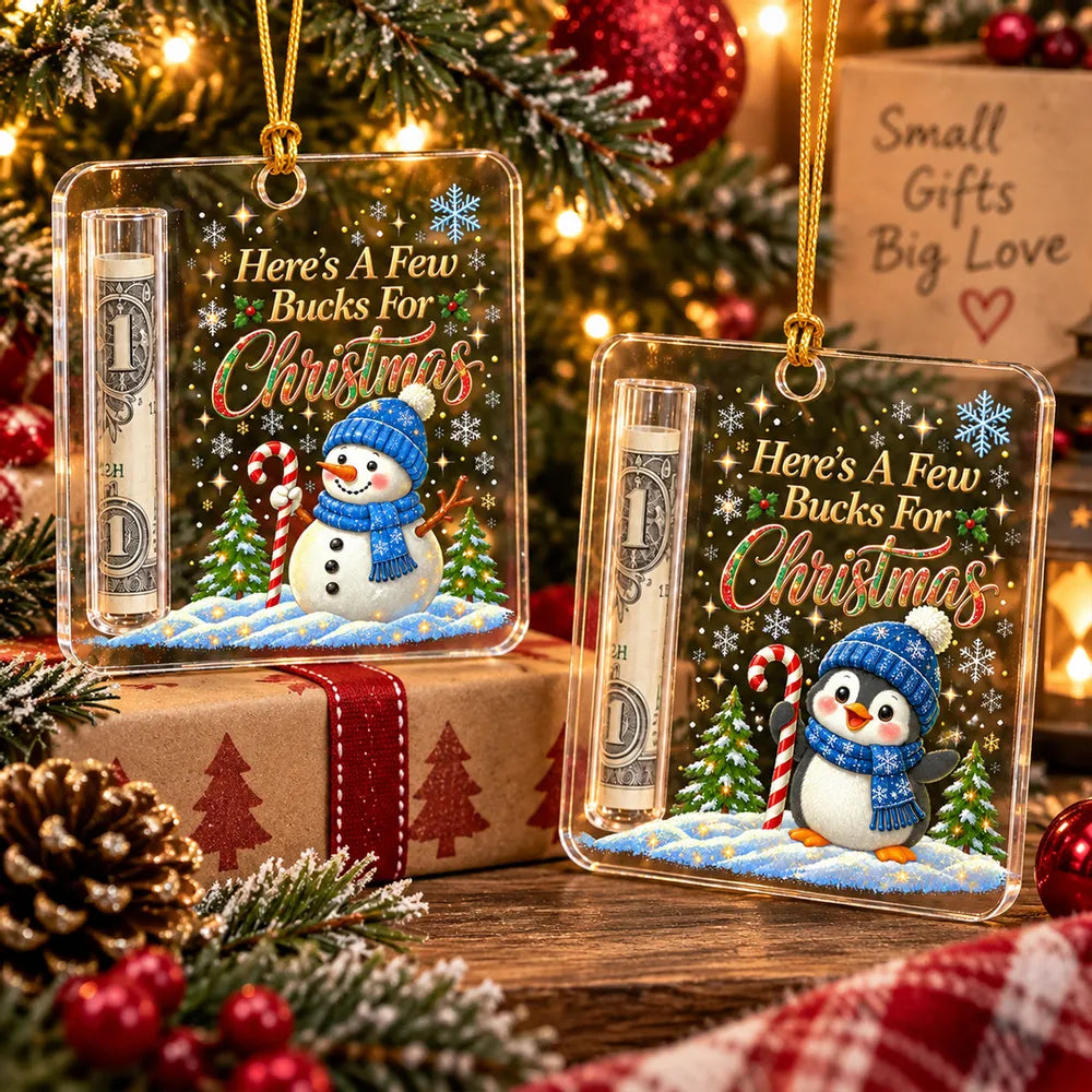 Personalized Acrylic Money Holder Ornament, Snowman or Penguin Christmas Scene, Unique Cash Gift