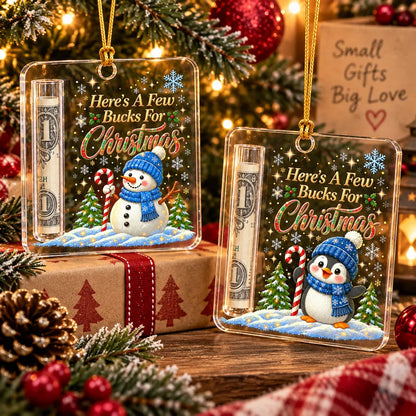 Personalized Acrylic Money Holder Ornament, Snowman or Penguin Christmas Scene, Unique Cash Gift