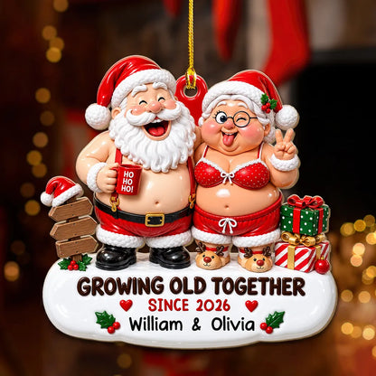Personalized Acrylic Ornament, Laughing Older Couple in Santa Outfits by a Christmas Tree, Unique Gift for Couples