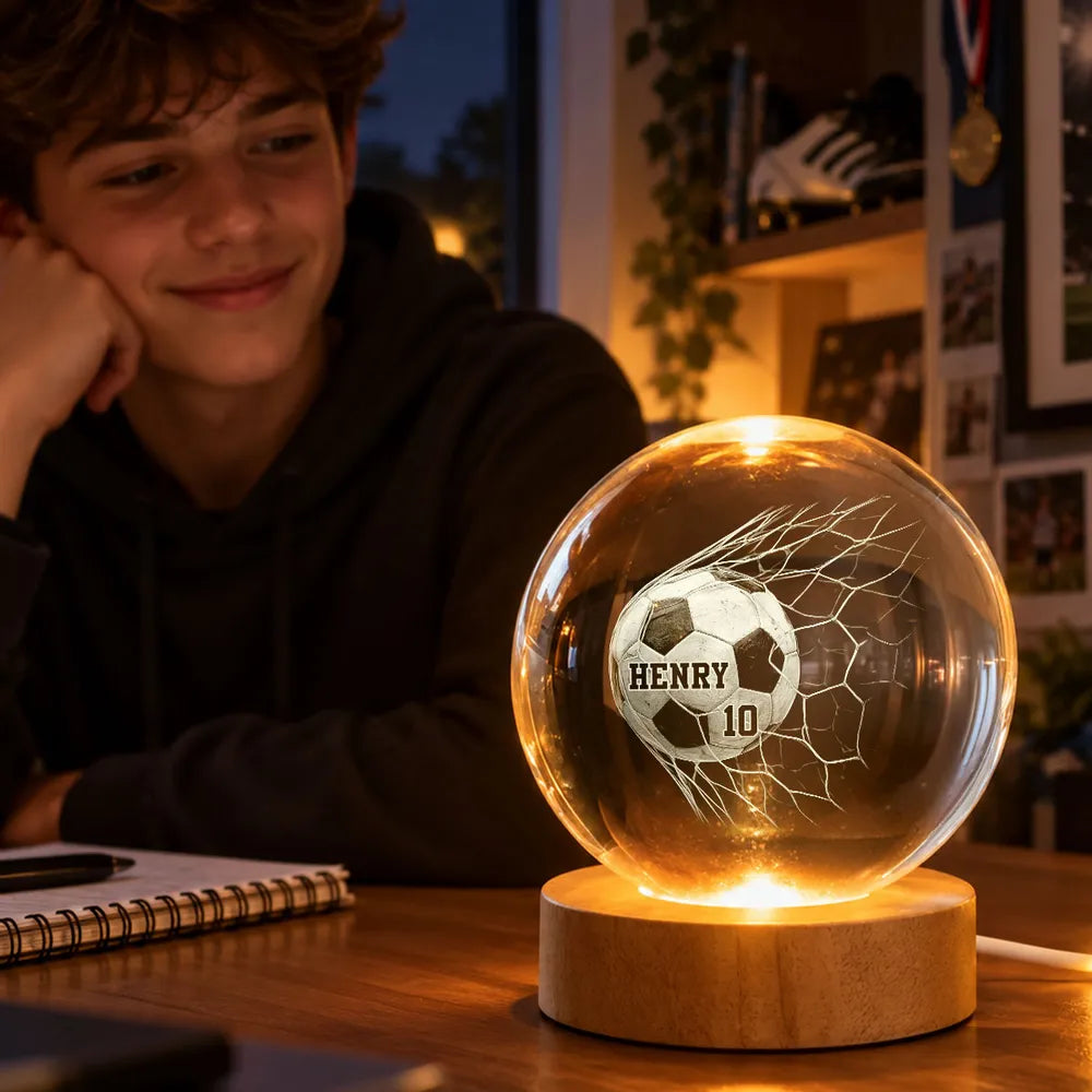 Personalized Globe Lamp, Soccer Ball Hitting the Net in Warm Amber Light, Unique Gift for Soccer Players