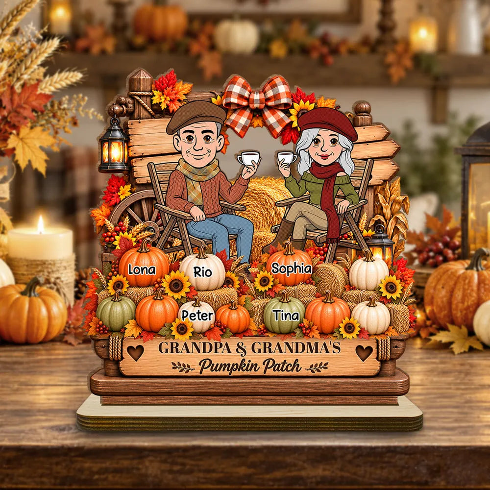 Personalized 2-Layer Wooden Plaque, Grandparents Sharing Coffee in an Autumn Pumpkin Patch, Unique Family Gift