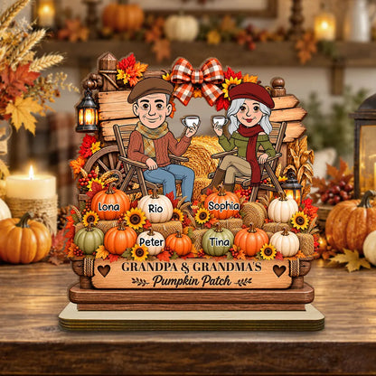 Personalized 2-Layer Wooden Plaque, Grandparents Sharing Coffee in an Autumn Pumpkin Patch, Unique Family Gift