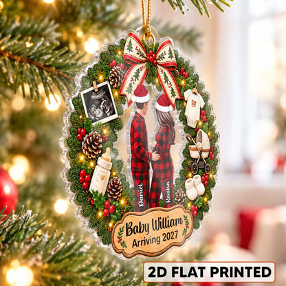 Personalized Acrylic Ornament, Embracing Expecting Couple in Christmas Wreath, Unique Gift for Parents to Be