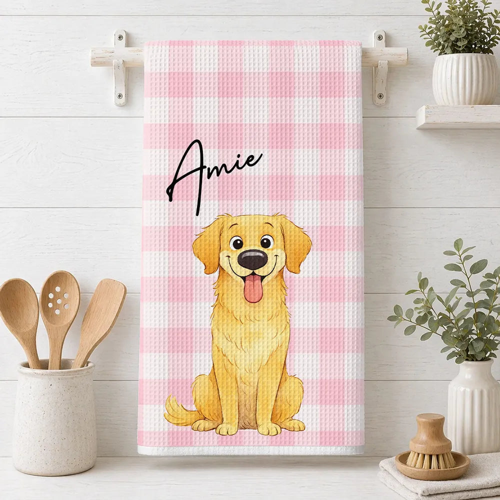 Personalized Kitchen Towel with Sitting Dog Illustration, Cheerful Decor, Creative Gift for Pet Owners