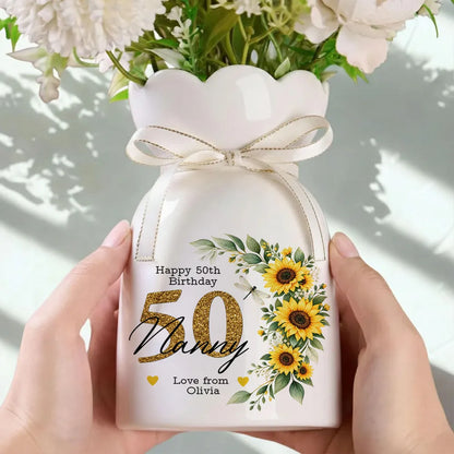 Happy Birthday Personalized Scalloped Rim Ceramic Vase, Heartfelt Creative Gift with Sunflower Art