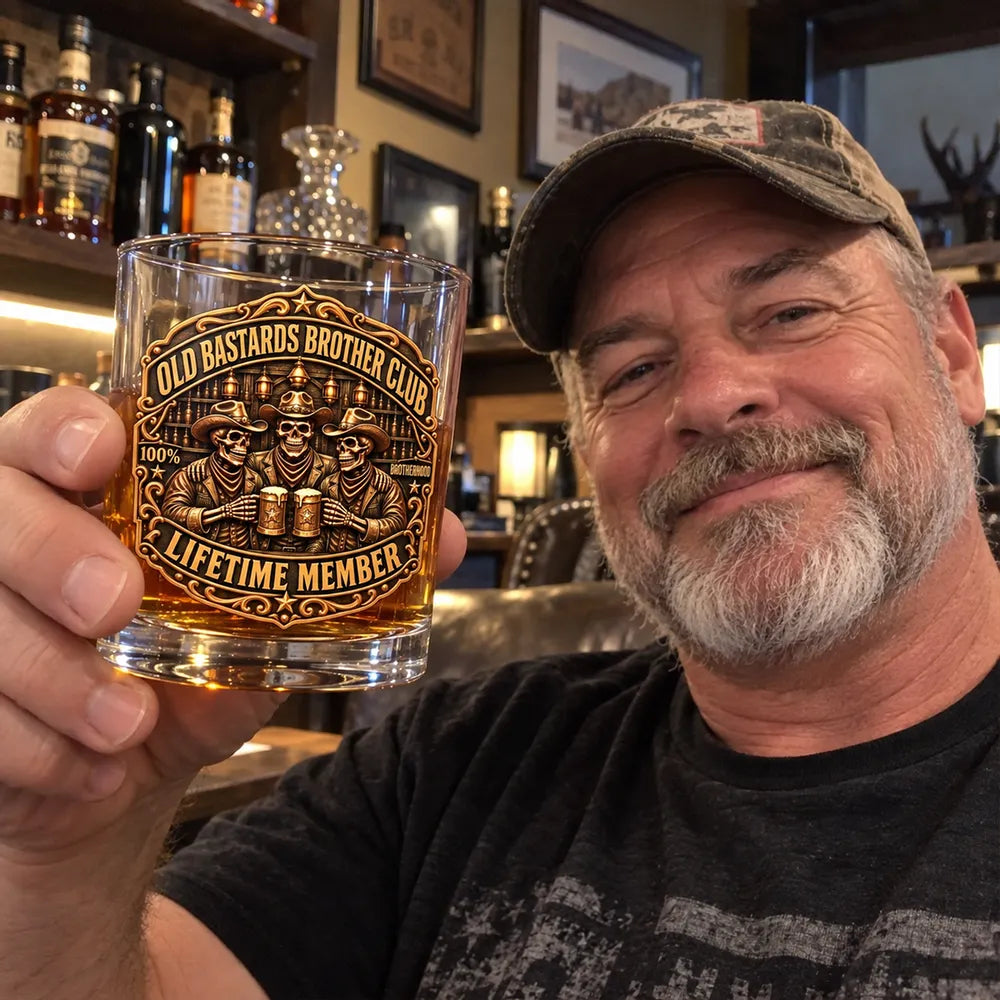 Personalized Whiskey Glass with Clinking Cowboy Skeletons in an Amber Bar, Unique Gift for Brother
