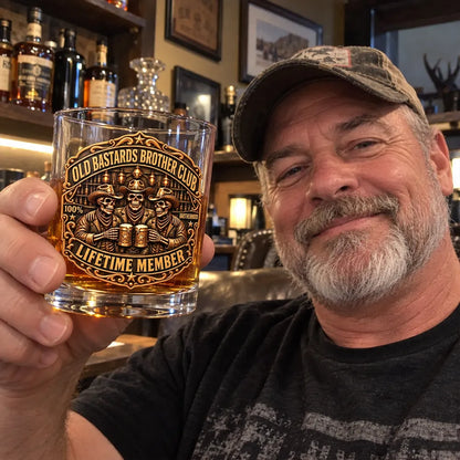Personalized Whiskey Glass with Clinking Cowboy Skeletons in an Amber Bar, Unique Gift for Brother