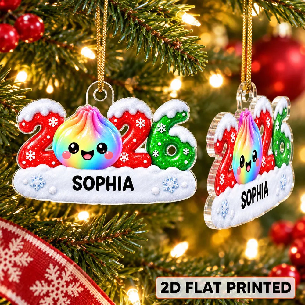 Personalized Acrylic Ornament with Cute Rainbow Dumpling and Snowflakes, Unique Christmas Gift for Kids