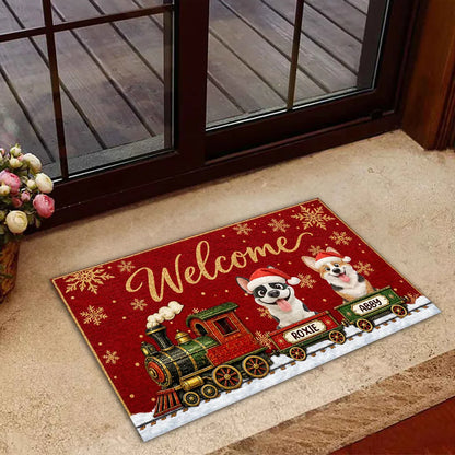 Personalized Standard Doormat with Christmas Dog Train, Red Snowflake Decor, Unique Gift for Dog Lovers