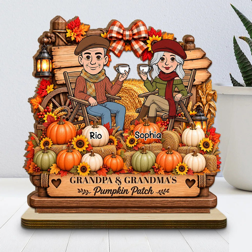 Personalized 2-Layer Wooden Plaque, Grandparents Sharing Coffee in an Autumn Pumpkin Patch, Unique Family Gift