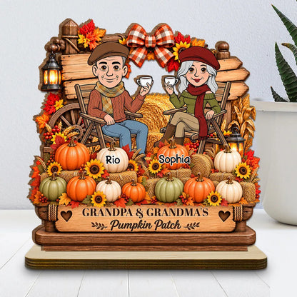 Personalized 2-Layer Wooden Plaque, Grandparents Sharing Coffee in an Autumn Pumpkin Patch, Unique Family Gift