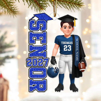Personalized Football Senior Acrylic Ornament, Graduate Holding Helmet, Unique Graduation Gift for Son