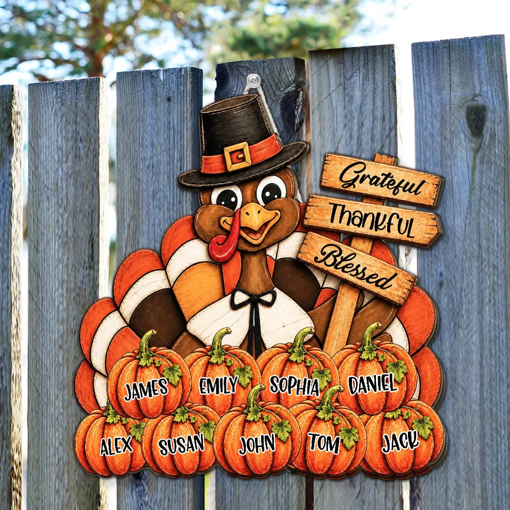 Personalized Wooden Sign with Pilgrim Turkey, Pumpkins and Grateful Thankful Blessed, Unique Rustic Gift for Family