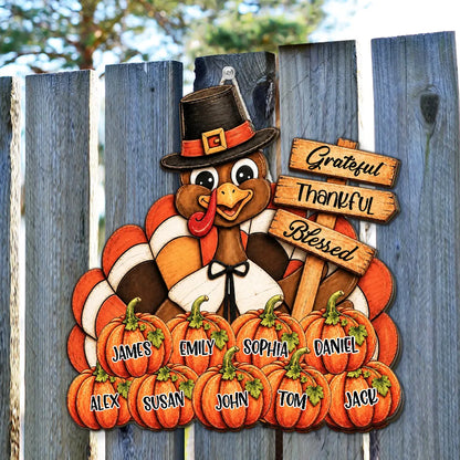 Personalized Wooden Sign with Pilgrim Turkey, Pumpkins and Grateful Thankful Blessed, Unique Rustic Gift for Family
