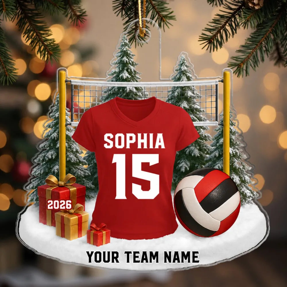 Personalized Acrylic Ornament, Red Volleyball Jersey in a Snowy Scene, Unique Christmas Gift for Players