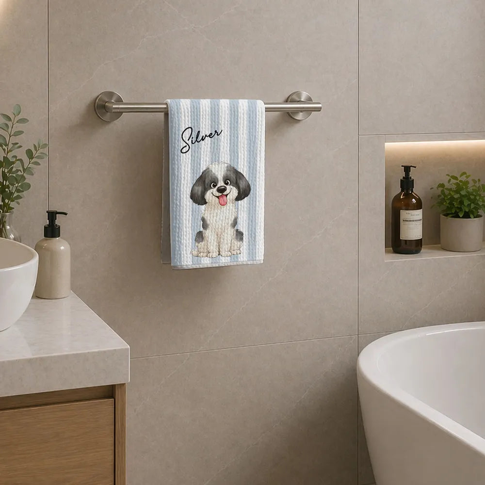 Personalized Kitchen Towel with Sitting Dog Illustration, Cheerful Decor, Creative Gift for Pet Owners