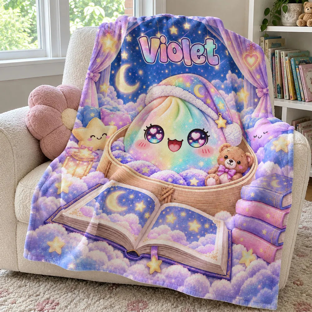 Personalized Dumpling Fleece Blanket, Pastel Moonlit Storybook Scene, Unique Gift for Kids