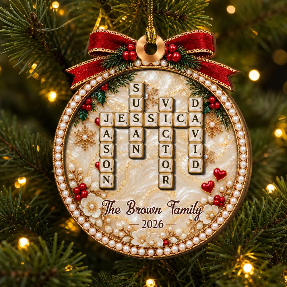 2-Layer Wooden Ornament, Personalized Family Word Search in Red & Gold, Unique Christmas Gift