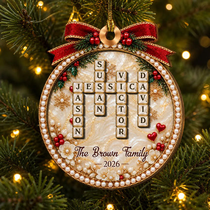 2-Layer Wooden Ornament, Personalized Family Word Search in Red & Gold, Unique Christmas Gift