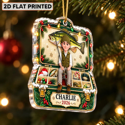 Personalized Acrylic Ornament, Green and Gold Cartoon Angler Holding a Fishing Rod, Unique Christmas Gift for Dad or Grandpa