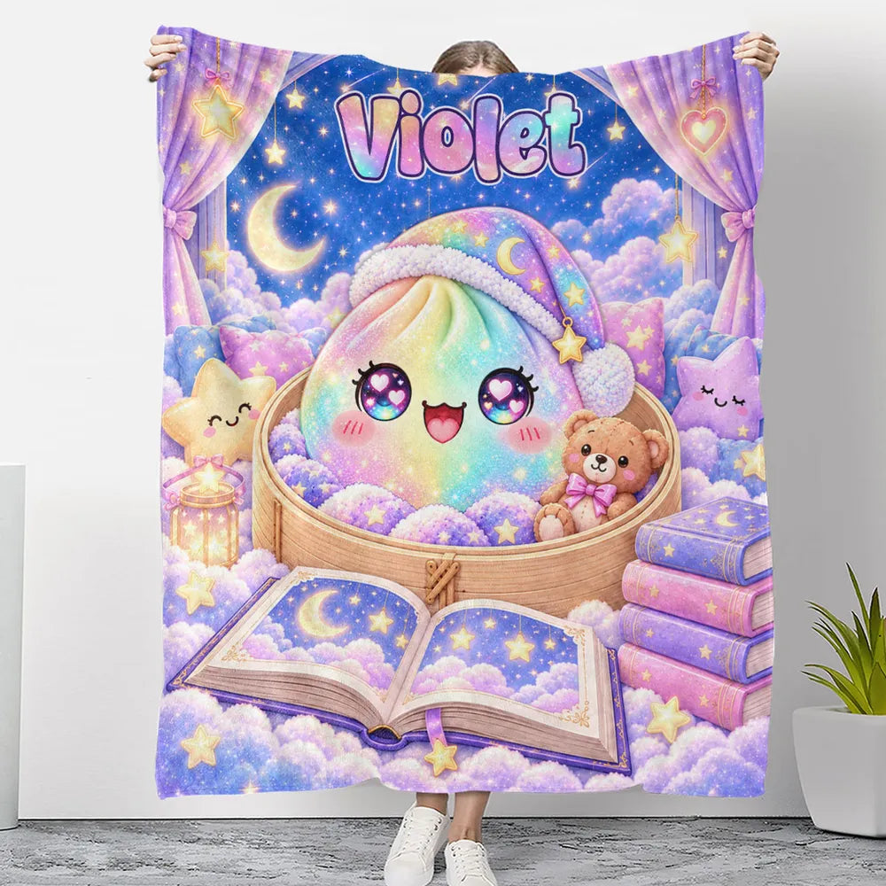 Personalized Dumpling Fleece Blanket, Pastel Moonlit Storybook Scene, Unique Gift for Kids
