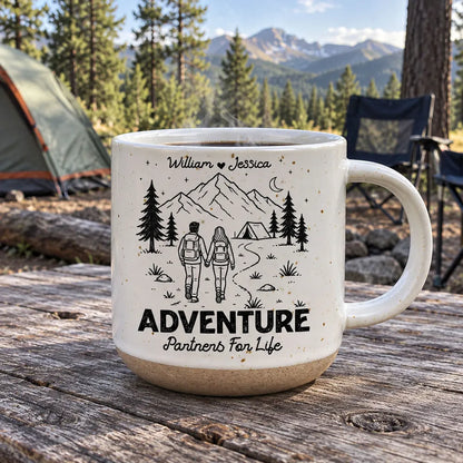 Adventure Partners for Life Personalized Pottery Mug, Hand-Holding Hikers, Creative Gift for Couples