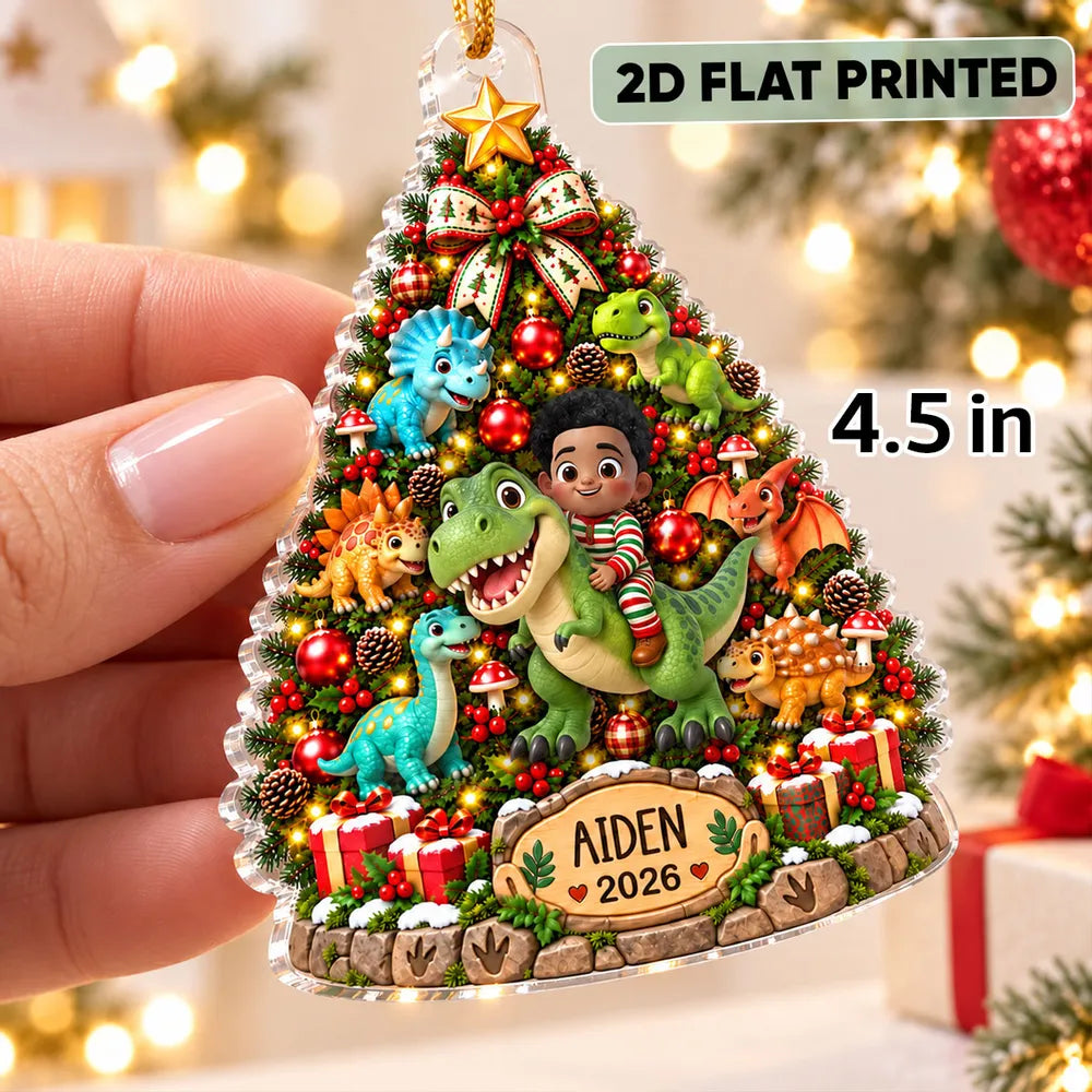 Personalized Acrylic Ornament, Kid Riding a Dinosaur by a Christmas Tree, Unique Gift for Dinosaur Lovers