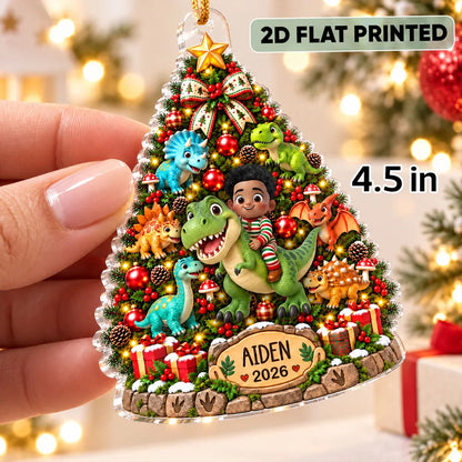 Personalized Acrylic Ornament, Kid Riding a Dinosaur by a Christmas Tree, Unique Gift for Dinosaur Lovers