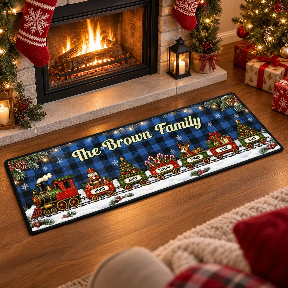 Personalized Premium Doormat with Family Holiday Train and Snowy Village, Unique Christmas Gift for Family