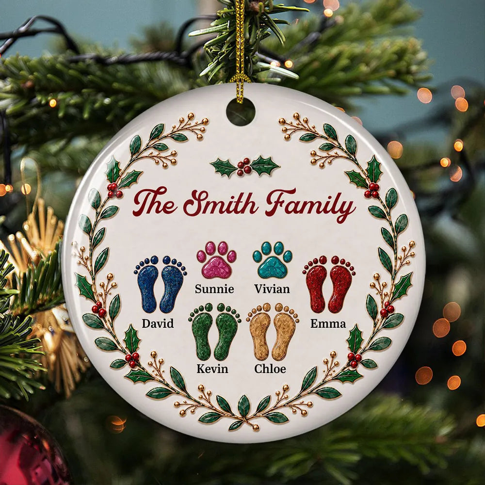 Personalized Ceramic Ornament with Family and Pet Footprints, Holly Wreath, Unique Christmas Gift for Family