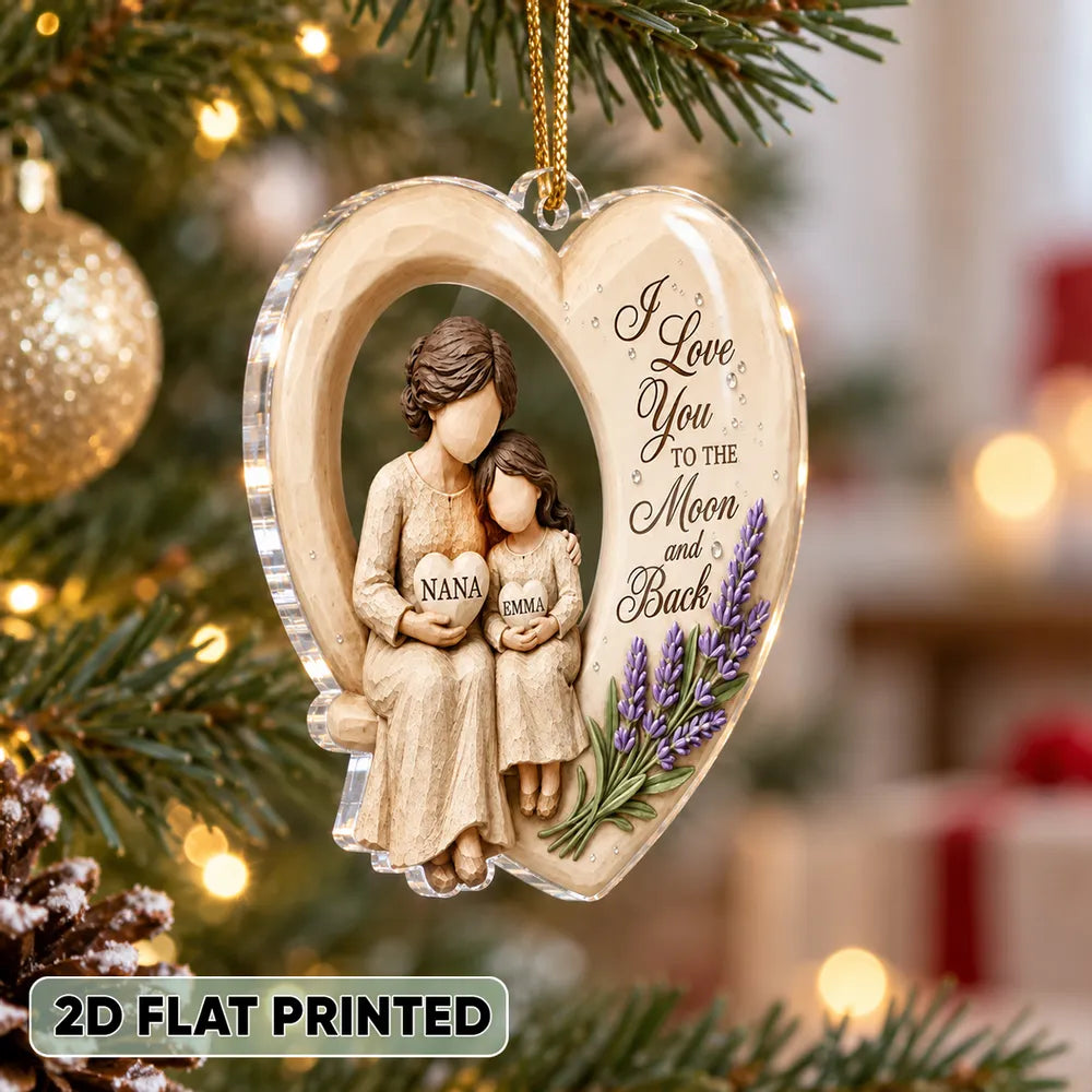 Personalized Acrylic Ornament, Grandma Hugging Granddaughter, Moon and Back Quote, Unique Christmas Gift