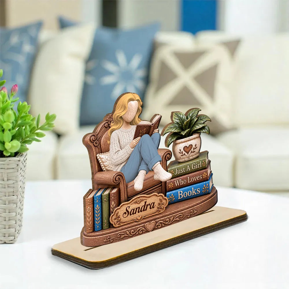 Personalized 2-Layer Wooden Plaque, Woman Reading in a Cozy Chair, Unique Gift for Book Lovers