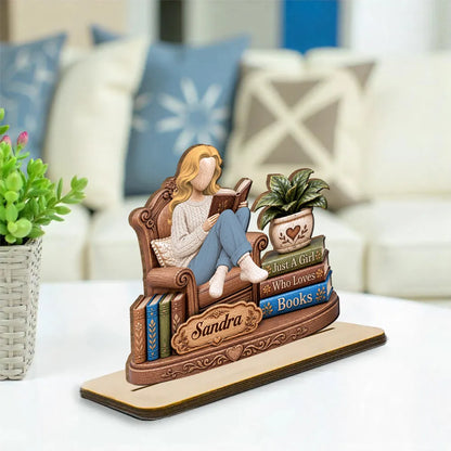 Personalized 2-Layer Wooden Plaque, Woman Reading in a Cozy Chair, Unique Gift for Book Lovers