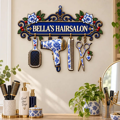 Personalized Shaped Metal Sign, Ornate Blue Floral Salon Tools Decor, Unique Gift for Hair Stylist