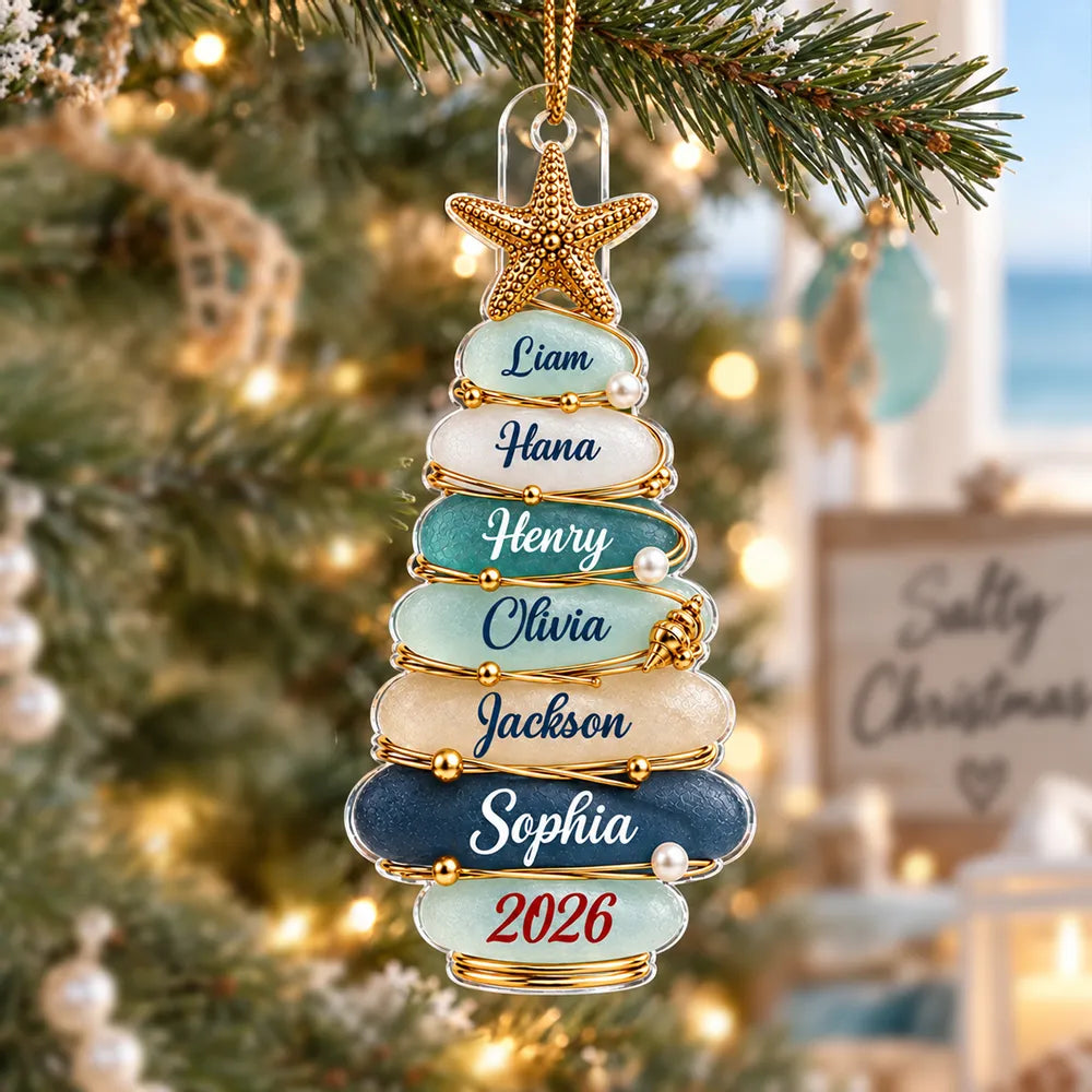 Personalized Acrylic Ornament, Coastal Stone Christmas Tree & Starfish, Unique Family Gift