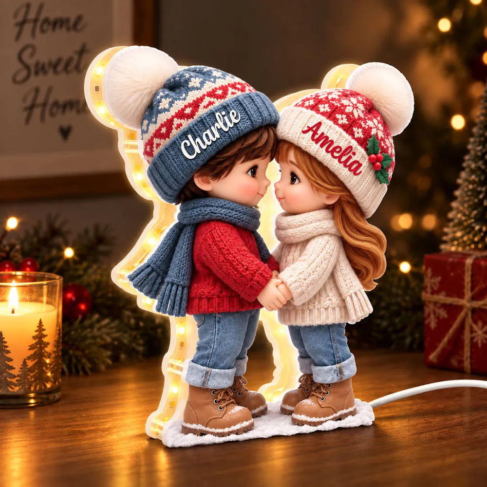 Personalized Acrylic Light Box, Cute Cartoon Couple Holding Hands in a Cozy Christmas Scene, Unique Gift