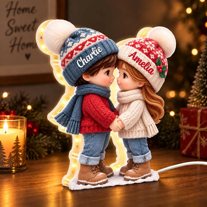 Personalized Acrylic Light Box, Cute Cartoon Couple Holding Hands in a Cozy Christmas Scene, Unique Gift