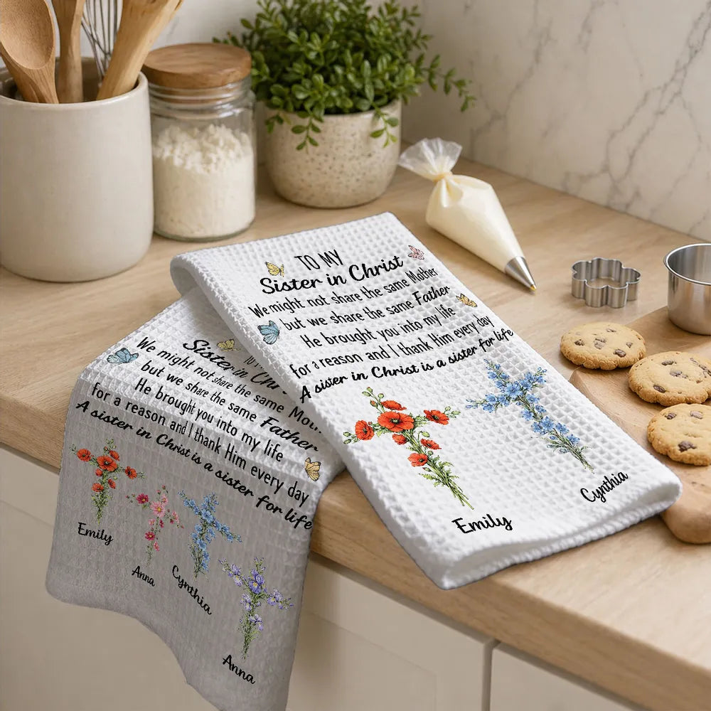 Personalized Sister in Christ Kitchen Towel, Pastel Floral Crosses & Butterflies, Unique Faith Gift for Sister