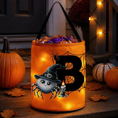 Personalized LED Light Up Fabric Basket, Cute Witch Spider and Web Halloween Design, Unique Gift for Kids