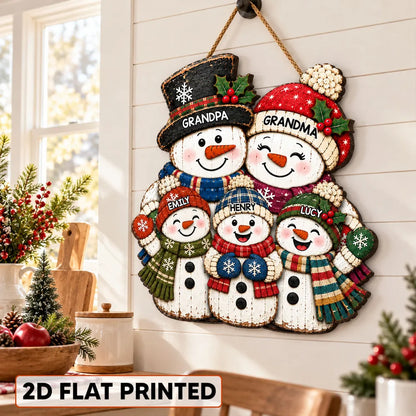 Personalized Wooden Sign with Colorful Snowman Family, Christmas Decor, Unique Gift for Grandparents