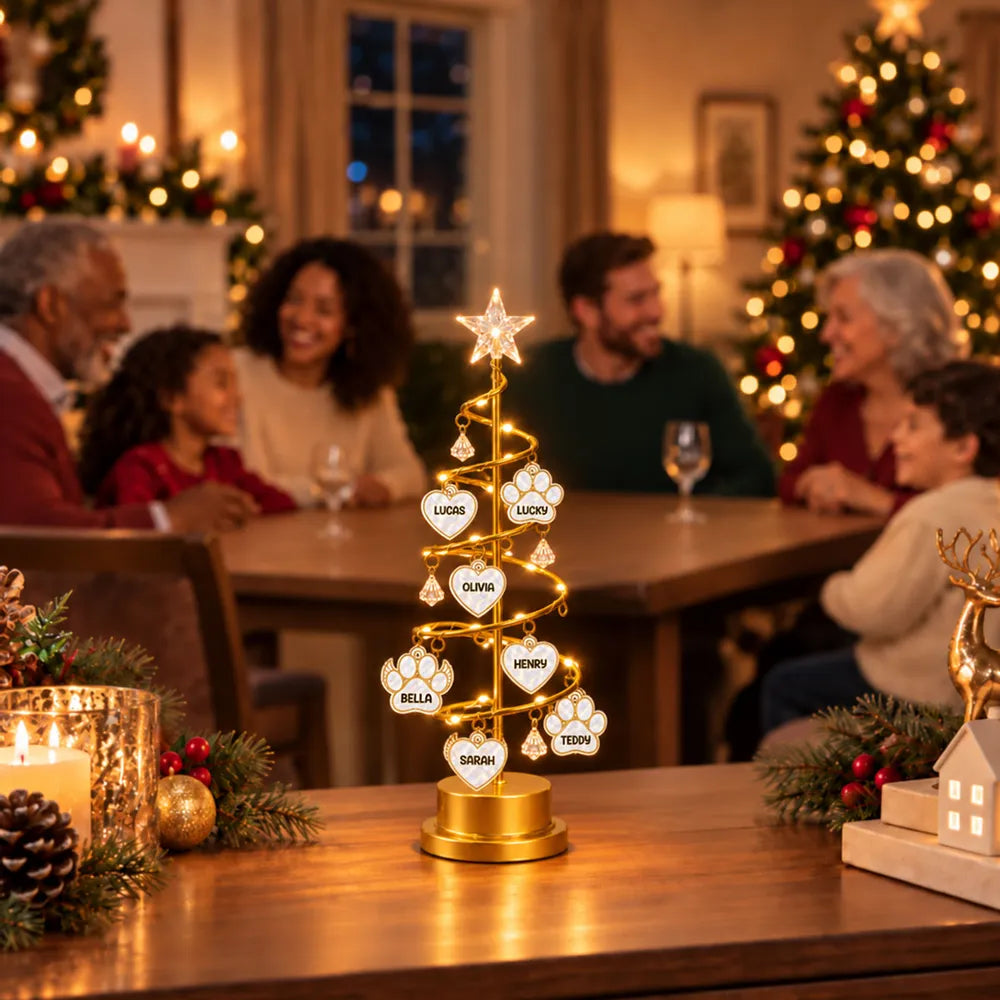 Personalized Spiral Christmas Tree Table Lamp, Warm Gold Heart Display, Unique Family Gift