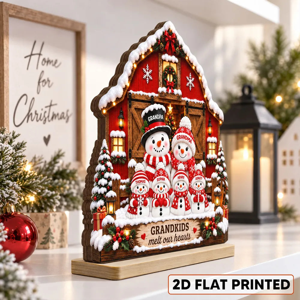 Personalized Wooden Plaque, Snowman Grandparents and Grandkids at a Snowy Red Barn, Unique Christmas Gift