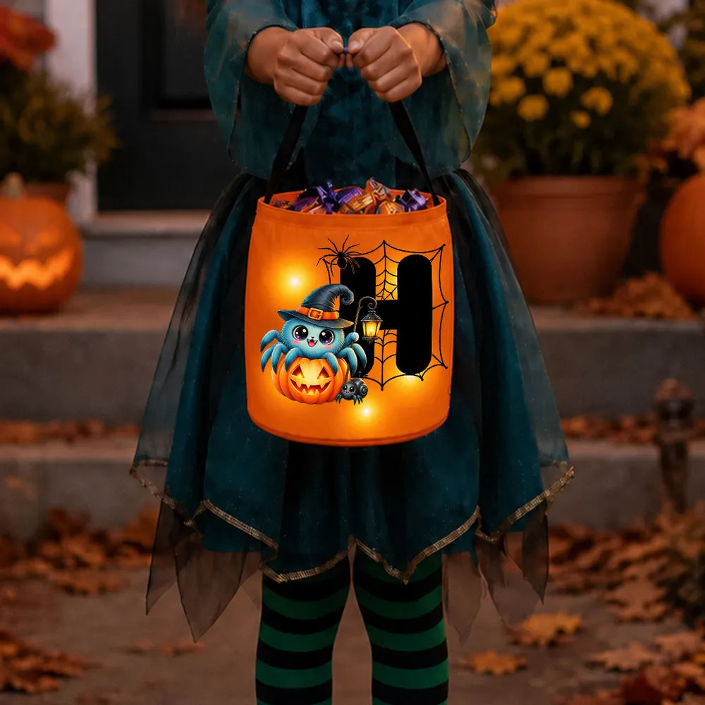 Personalized LED Light Up Fabric Basket, Cute Witch Spider and Web Halloween Design, Unique Gift for Kids