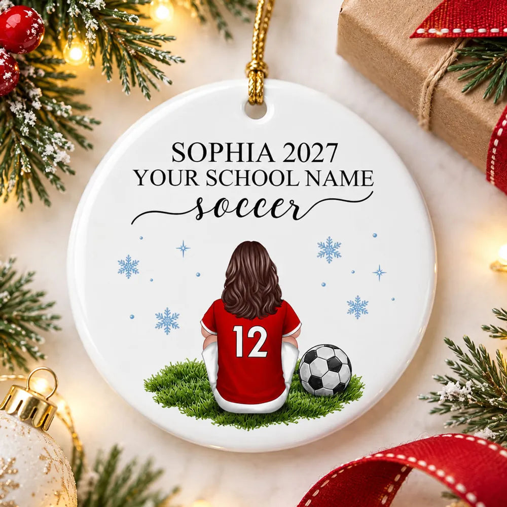 Personalized Ceramic Ornament, Seated Soccer Player in Red Jersey, Unique Christmas Gift for Athletes