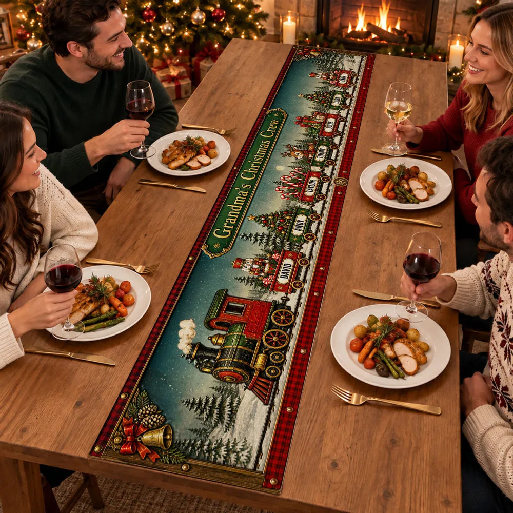Personalized Christmas Train Table Runner, Vintage Red & Green Snowy Scene, Unique Gift for Grandma