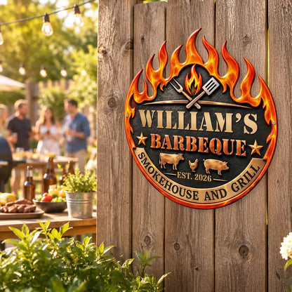 Personalized Shaped Metal Sign with Flaming Barbecue Design, Creative Gift for Grill Masters and Backyard Cooks
