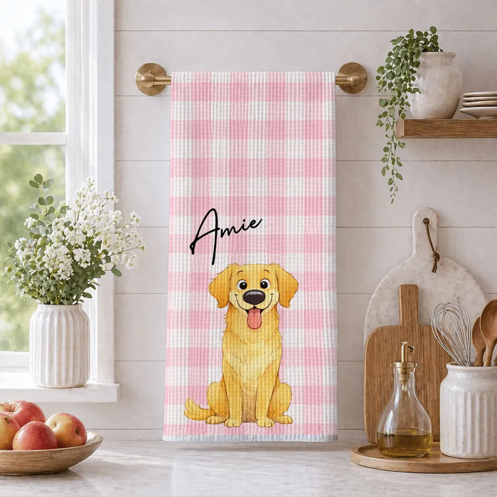 Personalized Kitchen Towel with Sitting Dog Illustration, Cheerful Decor, Creative Gift for Pet Owners