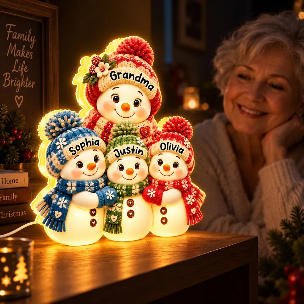 Personalized Acrylic Light Box, Grandma Snowman Hugging Grandkids, Unique Christmas Gift for Grandma